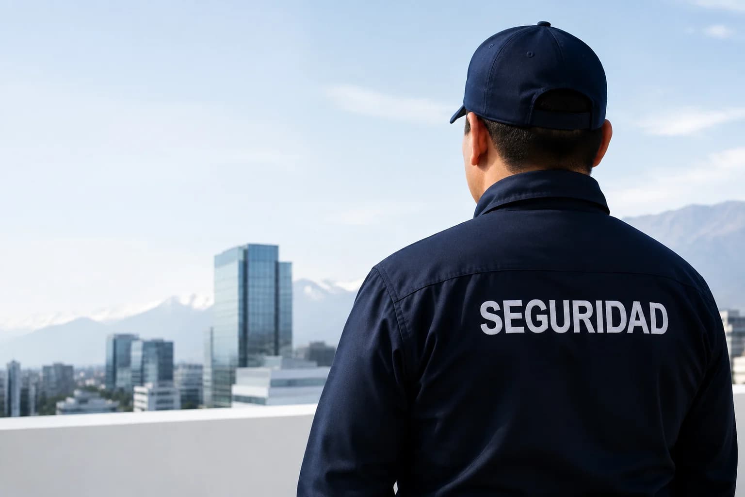 Guardia de seguridad frente al horizonte de Santiago