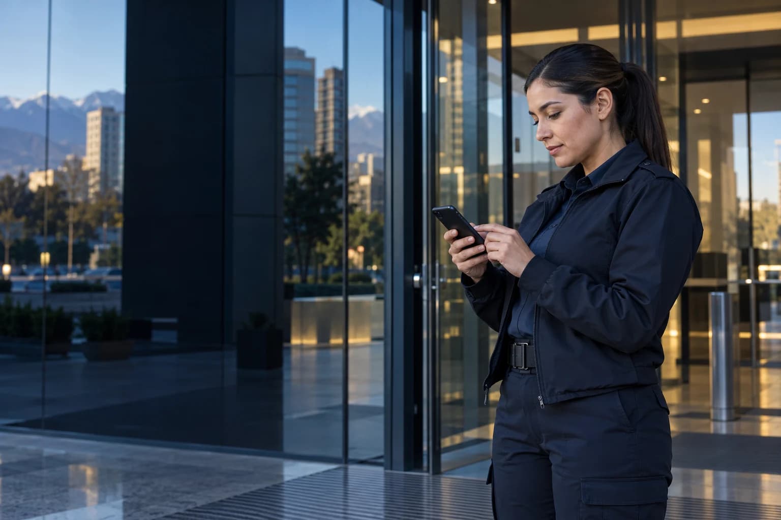 Guardia consultando su teléfono frente a un edificio de oficinas